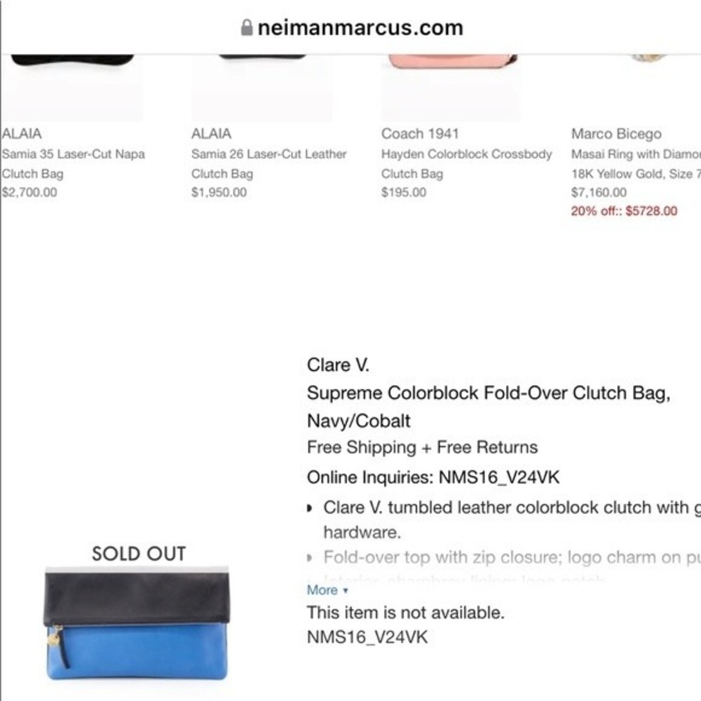 Clare V Supreme Colorblock Fold-Over Tumbled Leather Clutch Bag Navy Cobalt Blue - Picture 2 of 6